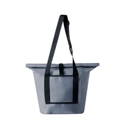 A grey dry bag with a fold-over top, featuring a black adjustable shoulder strap and a front pocket.
