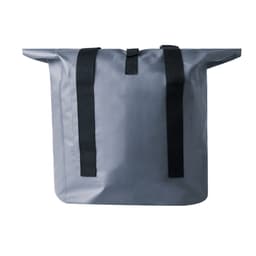 A grey dry bag with two black shoulder straps and a roll-top closure, featuring a logo.