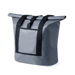 A grey dry bag with a roll-top closure and black straps, featuring a front pocket. It has a logo on the side.