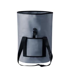 A gray dry bag with black straps and a front pocket, featuring a closure clip and a branding logo.