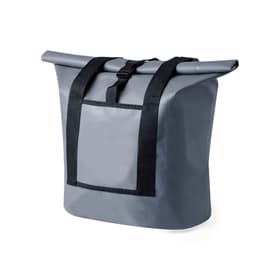 A grey dry bag with sturdy straps and a front pocket, featuring a logo on the surface.