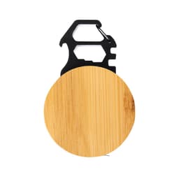 A bamboo multi-tool with a black carabiner attachment, designed for versatility and convenience.