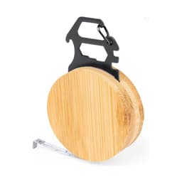 A bamboo multi-tool with a measuring tape, featuring a black metal clip and circular design.