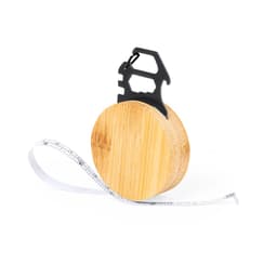 A bamboo tape measure with a black plastic holder. The tape is white with measurement markings.