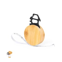 A bamboo multi-tool featuring a tape measure and a bottle opener, with a sleek design and a black accent.