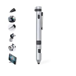 A silver multifunction pen with a stylus tip, featuring a clip and various attachments visible in surrounding images.