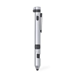 A silver multifunction pen with a clip and various features. The pen has a sleek design and a textured grip.