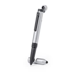 A multifunction pen in silver and black, featuring a clip and stylus tip, with a logo on the barrel.