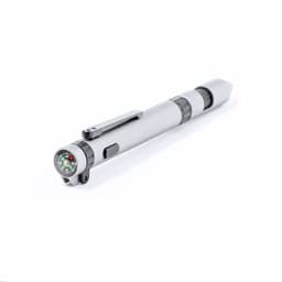 A silver multifunction pen featuring a compass. The design includes a clip and textured grip.