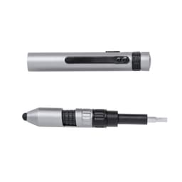 A multifunction pen in silver, featuring a sleek design with various writing tips and a logo.