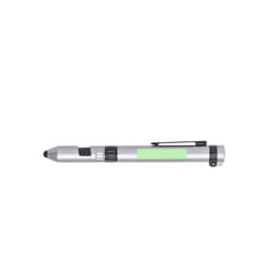 A multifunction pen in silver, featuring a black grip and clip, with a green space for branding.