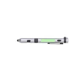 A multifunction pen in silver with a green section, featuring a clip and various functional elements.