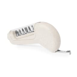 A multi-tool in light beige with a tape measure extending from the side and five different tool attachments.