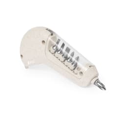A multi-tool in cream colour with a transparent section revealing interchangeable bits. It has a compact, ergonomic design.