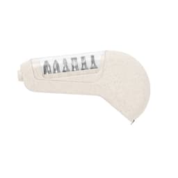 A multi-tool in light beige with a transparent compartment holding six metal bits. Features a logo on the side.