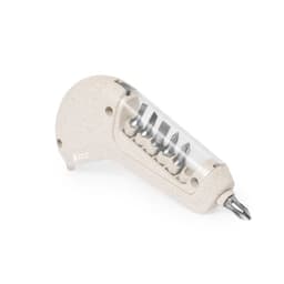 A multi-tool in beige featuring a transparent casing with various screwdriver bits. It includes a logo on the side.