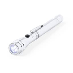 A silver torch with a clip and a push-button, featuring a bright white LED light.