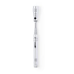 A shiny silver torch keyring with a clip and adjustable focus feature. It includes a branding logo.