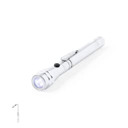 A silver torch featuring a clip and a single LED light source, positioned at an angle. It includes a brand logo.