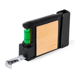 A multi-tool tape measure in black and bamboo design featuring a built-in level. It has a branding logo on the side.