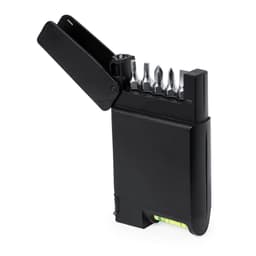 A black multi-tool featuring interchangeable screwdriver bits and a built-in level, with a compact design.