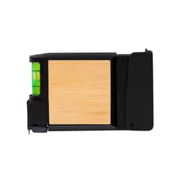 A black and bamboo multi-tool featuring a tape measure and a level. It includes a small handle for easy grip.