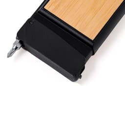 A multi-tool with a black and wooden design, featuring a measurement tape and a screwdriver tip.