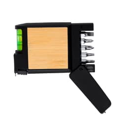 A multi-tool featuring a bamboo surface, a built-in spirit level, and assorted screwdriver bits in a compact design.
