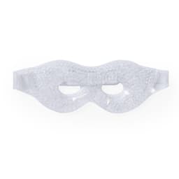 A gel eye mask in a clear design with two eye openings and a flexible strap.