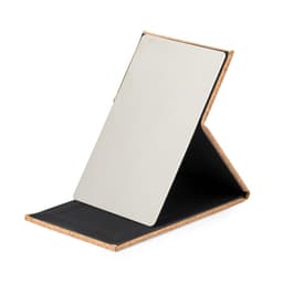 A Tambour mirror with a sleek, reflective surface and a cork and black casing. It features a folded design for stability.