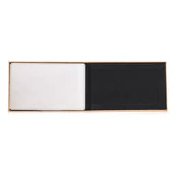 A rectangular mirror with a white surface, housed in a wooden frame with a black interior.
