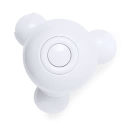 A white, triangular-shaped product featuring three rounded ends and a central button, with a branding logo.