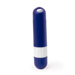 A blue and white lip balm tube with a rounded top and a textured middle band. It has a logo on the surface.