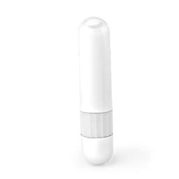 A white lip balm container with a cylindrical shape and a twist mechanism at the base. It has a smooth finish.