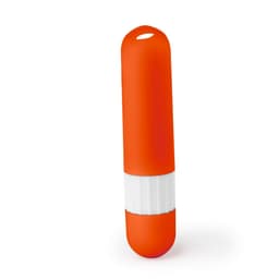 An orange lip balm container with a white band, featuring a branding logo.