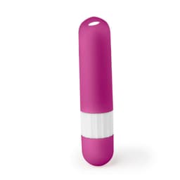A pink lip balm container with a white band in the middle. It has a rounded top and a smooth finish.