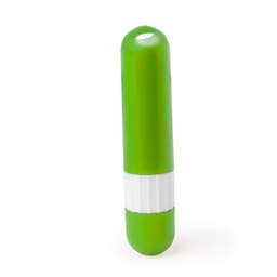 A green lip balm container with a white twist base and a rounded top. Features a logo on the surface.