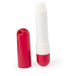 A red and white lip balm tube with a removable cap, featuring a rounded tip.