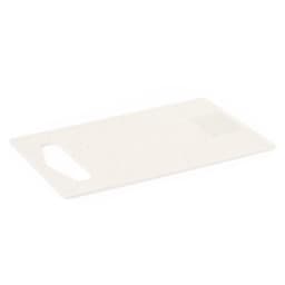 A white chopping board with a handle and a smooth surface, featuring a logo on one side.