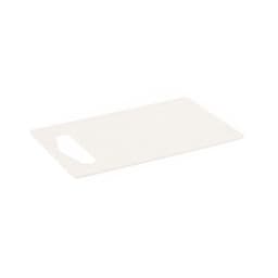 A white chopping board with a handle, featuring a smooth surface and rectangular shape. It has a logo.