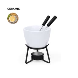 A ceramic fondue set featuring a white bowl, black stand, and two serving forks.