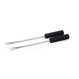 Two fondue forks with black handles and stainless steel prongs, suitable for serving melted cheese or chocolate.
