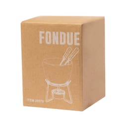 A cardboard box for a fondue set, featuring a simple line drawing of the product and utensils, in a neutral brown colour.