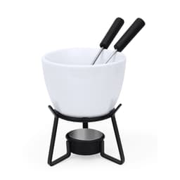A white fondue pot with a black metal stand and two long forks. Ideal for serving melted cheese or chocolate.