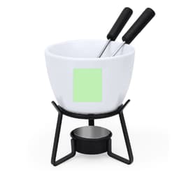 A white fondue pot with two black handles, resting on a black metal stand with a candle underneath.