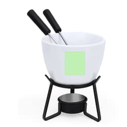 A white fondue pot on a black stand, featuring two forks and a teal-coloured area for branding or labels.