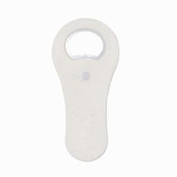 A white drink bottle opener with a rounded top and a small logo. Simple and sleek design.