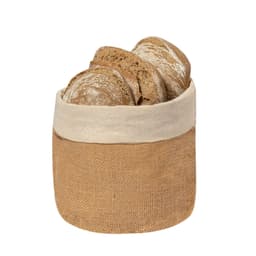 A natural jute bread basket with a cream-coloured fabric rim, holding several loaves of bread.