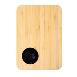 A bamboo chopping board with a built-in digital scale, featuring a circular display at one corner.