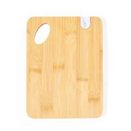 A bamboo chopping board featuring a rounded corner and a metal logo. The board has a natural wood finish.